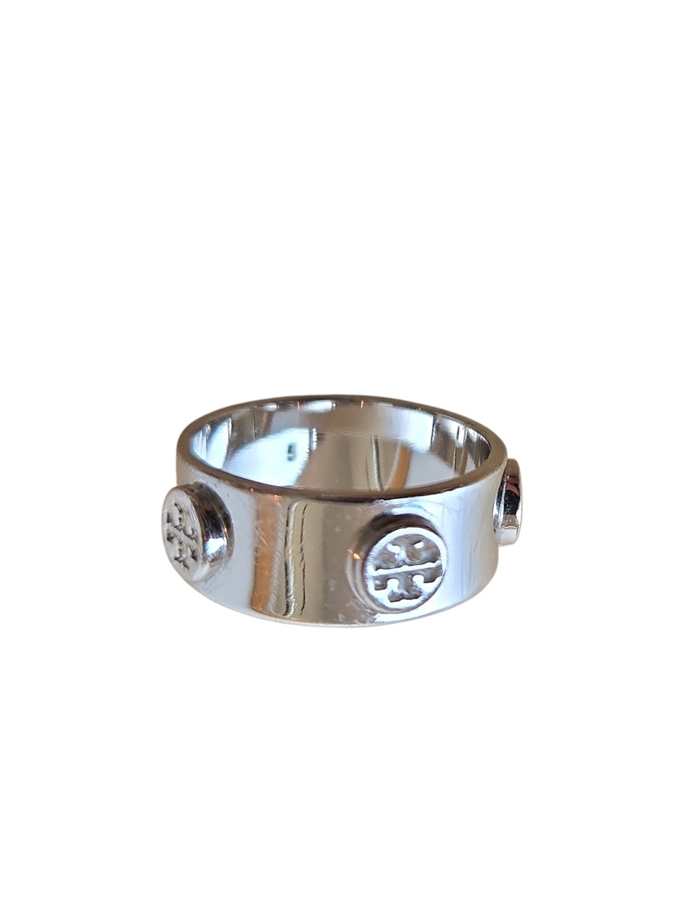 Tory Burch Silver Logo Accent Band Ring - Polished Silver Tone Size 5